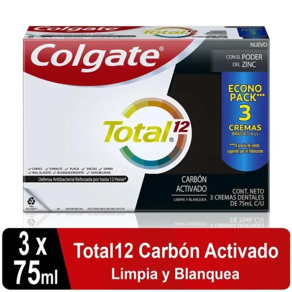 Crema Dental Colgate Total 12 Carbon Activado 3x75 ml c/u